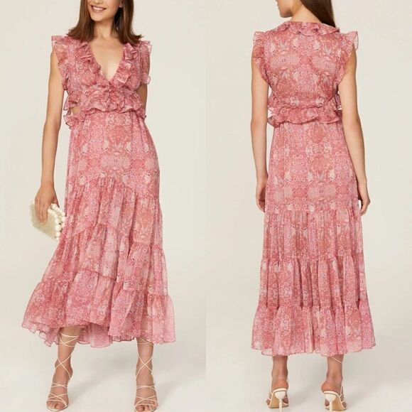 MISA Natasha Dress Womens Large Pink Floral Cut Out Midi Ruffle V-Neck Sheer - Picture 1 of 16
